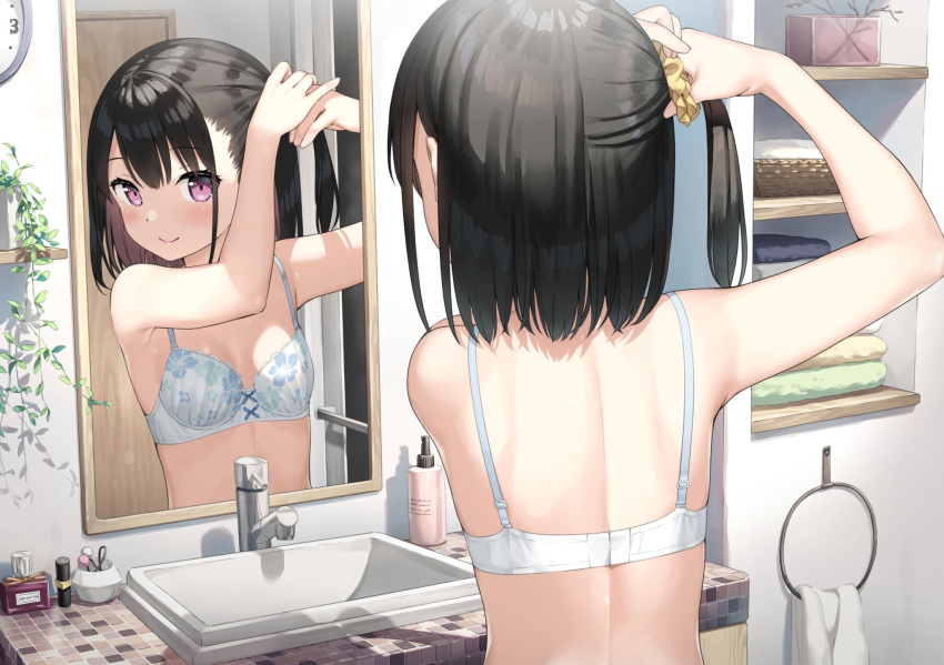 1girl armpits arms_up back bangs bare_arms bare_back basket bathroom black_hair blush bottle bra breasts clock closed_mouth cosmetics faucet folded_clothes highres indoors kantoku lipstick_tube medium_hair mirror original pink_eyes plant reflection scrunchie shizuku_(kantoku) side_ponytail sidelocks sink small_breasts smile solo tying_hair underwear underwear_only upper_body wall_clock white_bra yellow_scrunchie