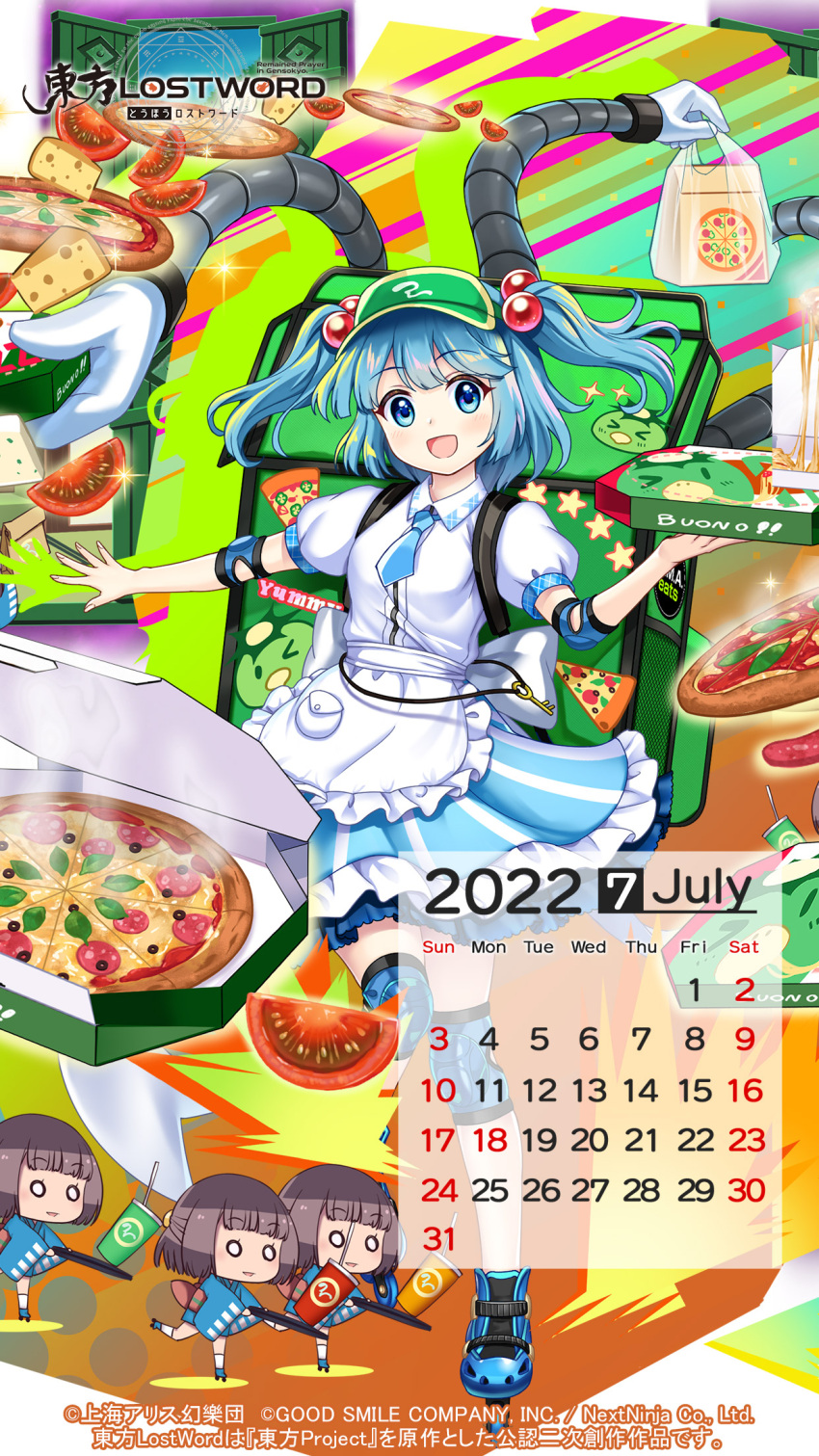 4girls adapted_costume apron backpack bag bangs blue_eyes blue_hair blue_necktie blue_skirt blunt_bangs blunt_ends blush box calendar_(medium) cheese collared_shirt cup drinking_straw elbow_pads food frilled_apron frilled_skirt frills green_bag green_headwear highres holding holding_box holding_tray inline_skates kawashiro_nitori key knee_pads looking_at_viewer mechanical_arms multiple_girls necktie official_art open_mouth pizza pizza_box pizza_delivery pizza_slice plastic_bag pocket puffy_short_sleeves puffy_sleeves roller_skates shirt short_hair short_necktie short_sleeves skates skirt smile striped striped_skirt tomato_slice touhou touhou_lost_word tray two_side_up visor_cap white_shirt