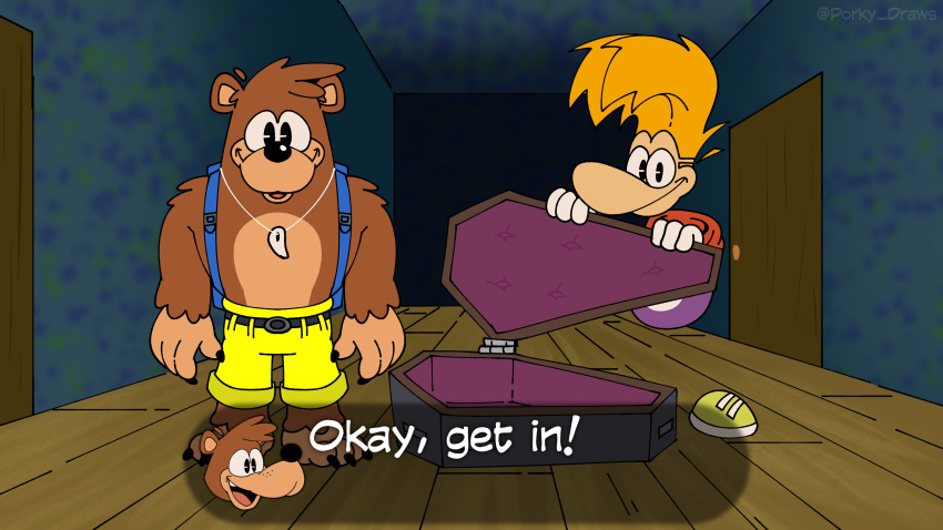 absurd_res anthro banjo-kazooie banjo_(banjo-kazooie) bottomwear brown_body brown_fur clothed clothing coffin crossover dialogue digital_media_(artwork) duo footwear fur hair hi_res humanoid jewelry looking_at_viewer male mammal necklace pants porky_draws rareware rayman rayman_(series) raypeople_(rayman) smile speech_bubble text ubisoft ursid video_games yellow_bottomwear yellow_clothing yellow_pants