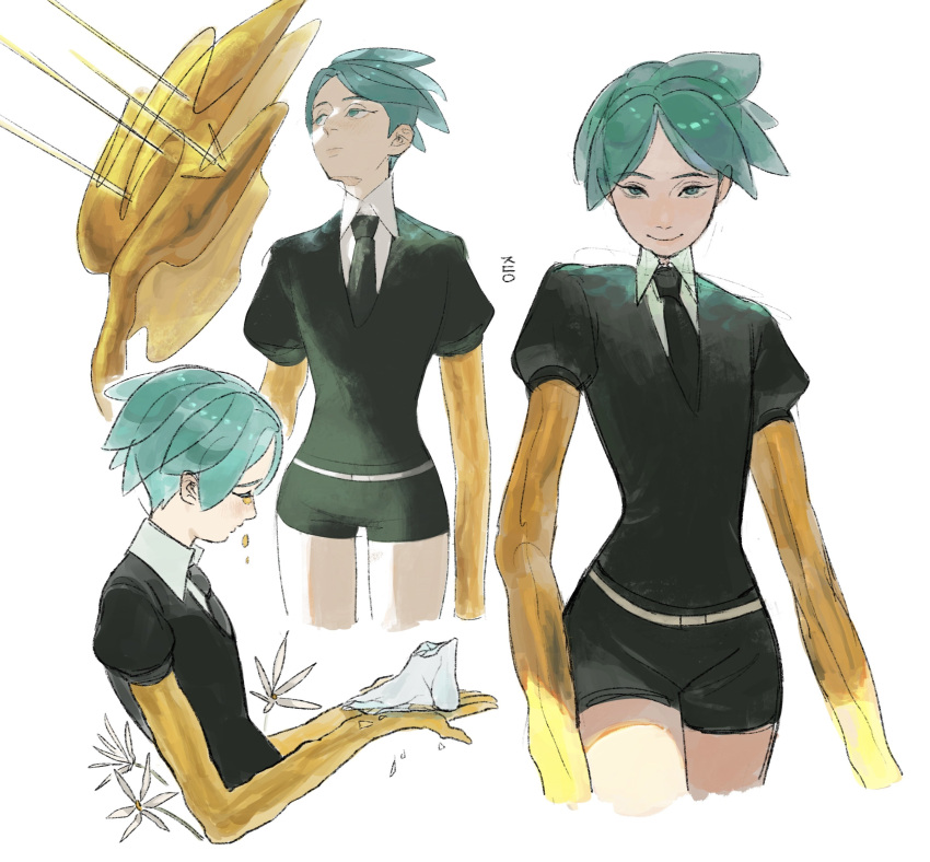 2others absurdres androgynous antarcticite antarcticite_(gemstone) aqua_eyes aqua_hair arrow_(projectile) bangs belt black_shirt black_shorts blocking collared_shirt cowboy_shot crack cracked_skin crying crystal_hair ears_visible_through_hair expressionless flower gem gem_uniform_(houseki_no_kuni) glowing glowing_hair gold golden_arms green_eyes green_hair hdyjeon highres holding holding_gem houseki_no_kuni long_arms looking_at_viewer looking_up melting multiple_others multiple_views narrow_waist necktie other_focus out_of_frame parted_bangs phosphophyllite puffy_short_sleeves puffy_sleeves shield shirt short_hair short_shorts short_sleeves shorts simple_background smile smug solo_focus spoilers thigh_gap thighs translucent_hair white_background white_belt white_shirt wide_hips