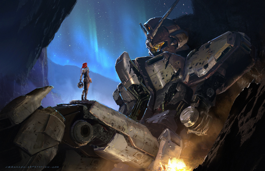 1girl absurdres aurora boots cave concept_art damaged dirty english_commentary fire future gloves gundam headwear_removed helmet helmet_removed highres jgranada machinery mecha mobile_suit original photoshop_(medium) pilot pilot_suit ponytail realistic red_hair robot science_fiction signature wreckage