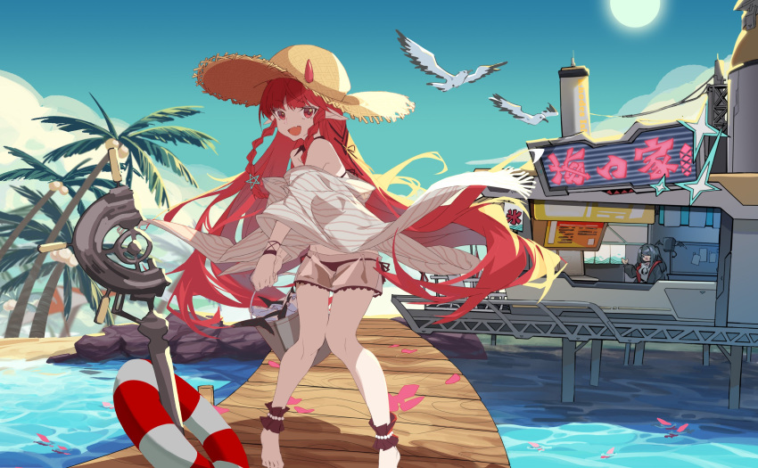 2girls absurdres arknights bangs barefoot bikini bird black_bikini braid bucket caustics closure_(arknights) dock fang fish hat highres holding holding_bucket horns horns_through_headwear lifebuoy long_hair looking_at_viewer miniskirt multiple_girls open_mouth outdoors palm_tree petals petals_on_liquid pointy_ears red_eyes red_hair rock seagull see-through see-through_skirt shawl side-tie_bikini sidelocks skin_fang skirt smile solo_focus standing straw_hat sun swimsuit tree twin_braids very_long_hair vigna_(arknights) vigna_(casual_vacation)_(arknights) water zumcunix