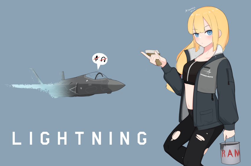 1girl aircraft airplane atamonica bangs black_pants blonde_hair blue_eyes blush character_name crop_top f-35_lightning_ii fighter_jet grey_background grey_jacket highres holding holding_paintbrush jacket jet lockheed_martin long_hair midriff military military_vehicle navel original paint_can paintbrush pants personification signature simple_background solo speech_bubble straight_hair torn_clothes torn_legwear