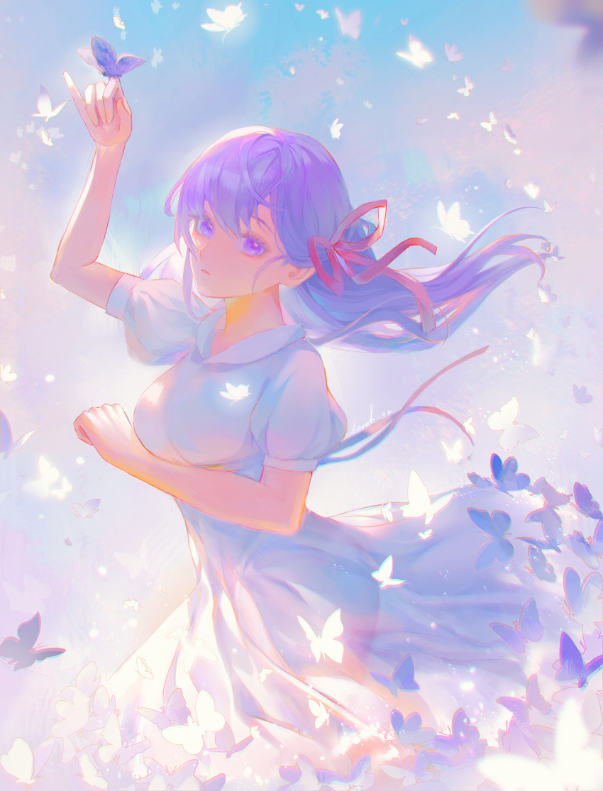 1girl absurdres arm_up breasts bug butterfly dress fate/stay_night fate_(series) hair_ribbon heaven's_feel highres level02 looking_at_viewer matou_sakura medium_breasts medium_hair parted_lips puffy_short_sleeves puffy_sleeves purple_eyes purple_hair red_ribbon ribbon short_sleeves solo upper_body white_dress