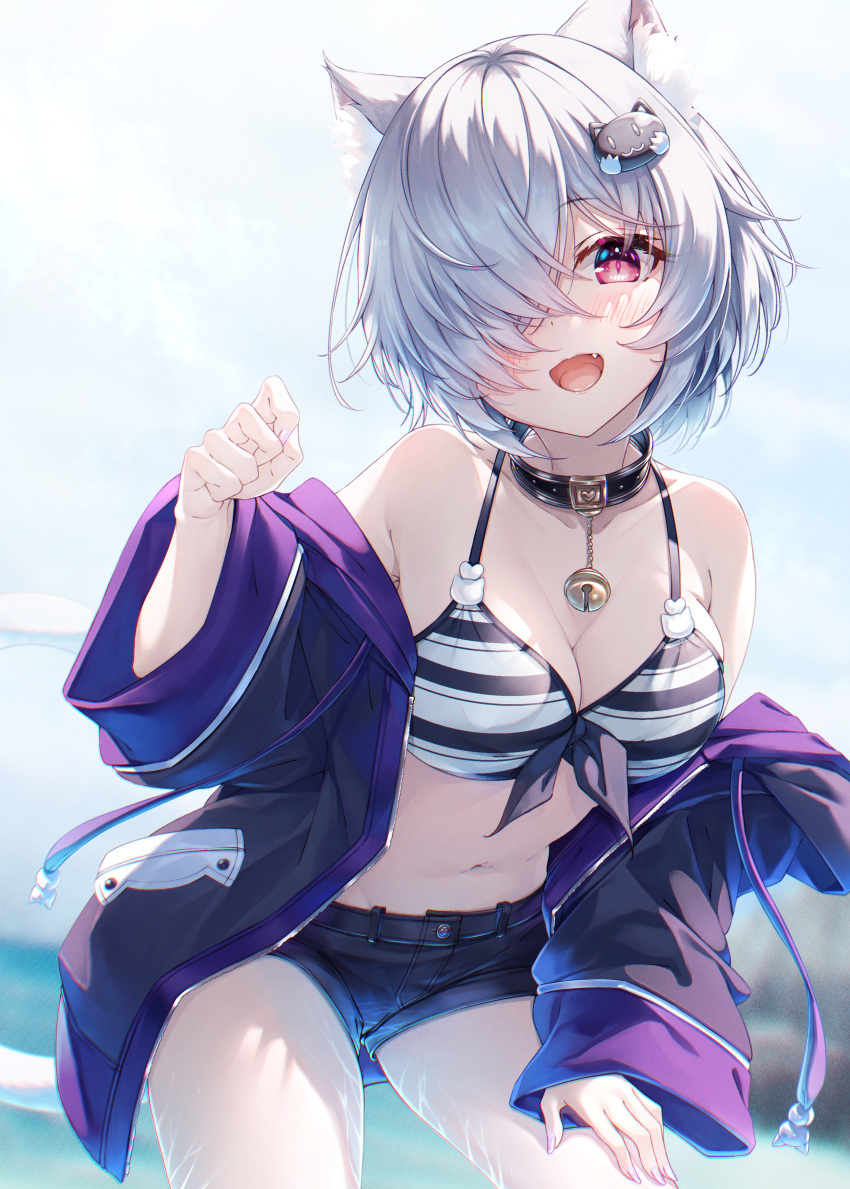 1girl :d absurdres animal_ear_fluff bangs bare_shoulders bell bikini bikini_top_only black_collar black_jacket black_shorts blush breasts cat_hair_ornament collar commentary_request cowboy_shot fang grey_hair hair_ornament hair_over_one_eye hand_on_own_thigh hand_up hasumi_(hasubatake39) highres jacket jingle_bell kuon_(hasumi_(hasubatake39)) large_breasts leaning_forward long_sleeves looking_at_viewer nail_polish navel neck_bell off_shoulder open_clothes open_jacket original pink_eyes purple_nails short_hair short_shorts shorts smile solo standing striped striped_bikini swimsuit
