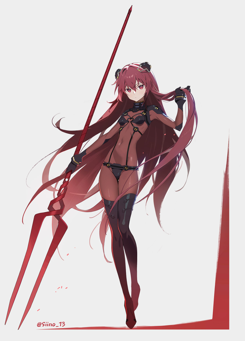 1girl bodysuit breasts cosplay fate/grand_order fate_(series) full_body grey_background highres holding holding_polearm holding_weapon lance_of_longinus long_hair neon_genesis_evangelion plugsuit polearm red_eyes red_hair scathach_(fate) siino simple_background small_breasts solo souryuu_asuka_langley souryuu_asuka_langley_(cosplay) standing twitter_username very_long_hair weapon
