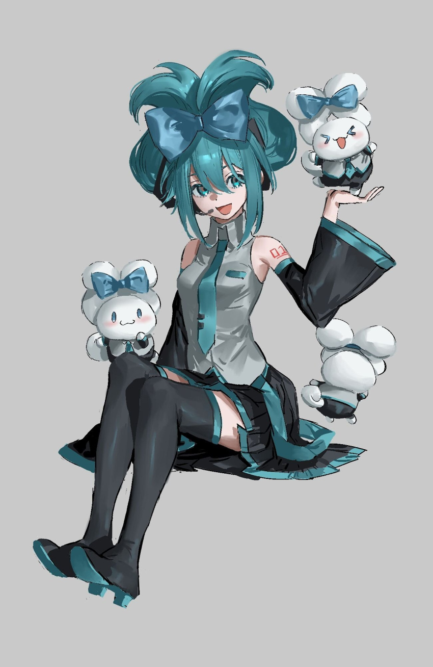 &gt;_&lt; 1girl :3 :d alternate_hairstyle animal animal_on_hand animal_request aqua_eyes aqua_hair aqua_necktie aqua_theme arms_up bangs bare_shoulders black_footwear blonde_hair blue_bow blush boots bow breasts cal_119 cinnamoroll clothed_animal collared_shirt colored_shoe_soles cosplay crossover detached_sleeves dog ear_bow facing_away full_body grey_background grey_shirt hair_between_eyes hair_bow hair_over_one_eye hand_up hatsune_miku hatsune_miku_(cosplay) headphones headset high_heel_boots high_heels highres invisible_chair matching_outfit miniskirt necktie open_mouth pleated_skirt sanrio shirt shoe_soles shoulder_tattoo sidelocks simple_background sitting skirt sleeves_past_fingers sleeves_past_wrists smile standing standing_on_one_leg suspenders_hanging tattoo thigh_boots tied_ears updo vocaloid