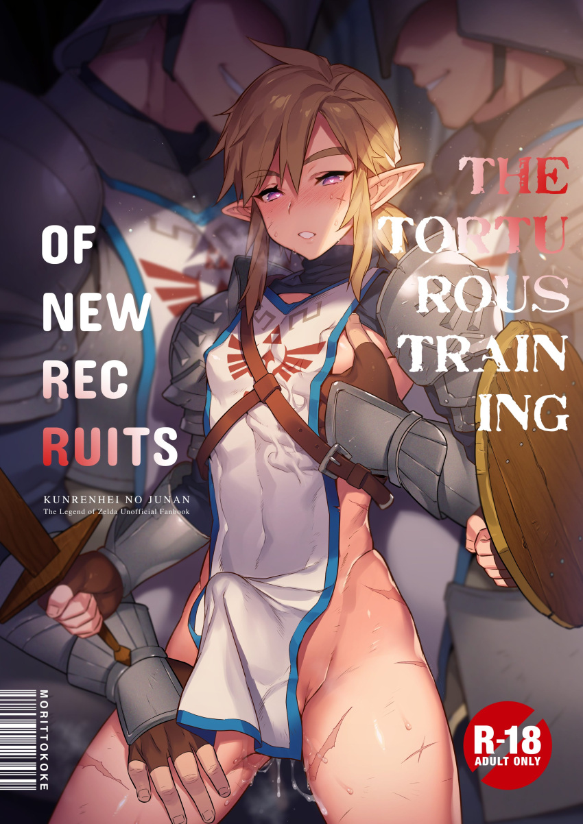 2021 absurd_res armor blush blush_lines bodily_fluids clothed clothing cover cover_art cover_page cum english_text erection erection_under_clothing genital_fluids grope groping_chest group hair hi_res holding_object holding_shield holding_sword holding_weapon humanoid humanoid_pointy_ears hylian link male male/male melee_weapon morikoke nintendo practice_sword shield smile sword text the_legend_of_zelda trio video_games weapon wooden_shield wooden_sword