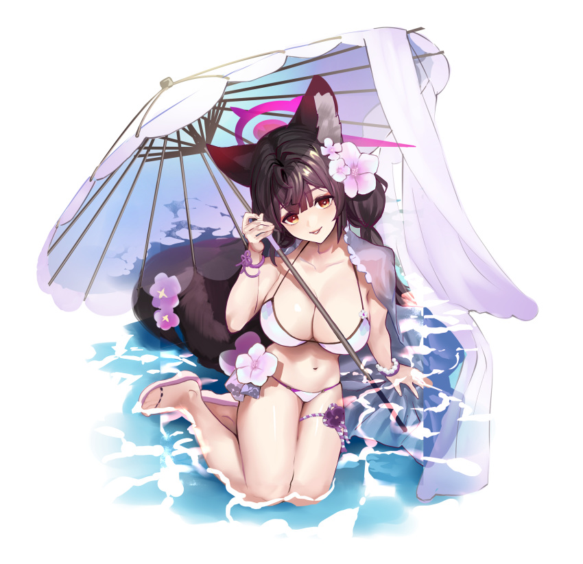 1girl absurdres animal_ear_fluff animal_ears bead_bracelet beads bikini black_hair blue_archive blunt_ends bracelet breasts flower fox_ears fox_girl fox_tail from_above hair_flower hair_ornament halo highres holding holding_umbrella jewelry large_breasts navel official_alternate_costume oil-paper_umbrella sitting solo string_bikini swimsuit tail tail_flower tail_ornament torimahera umbrella wakamo_(blue_archive) wakamo_(swimsuit)_(blue_archive) white_bikini yellow_eyes yokozuwari