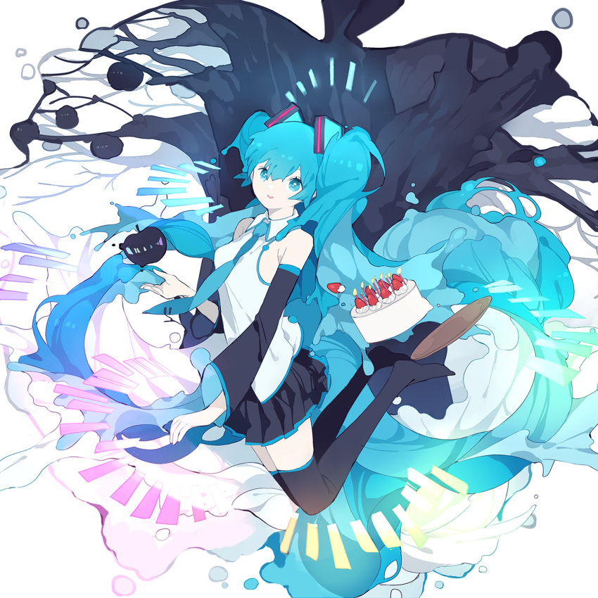 1girl apple bangs bare_shoulders birthday_cake black_footwear blue_eyes blue_hair blue_necktie blue_theme boots breasts bubble cake candle collared_shirt detached_sleeves floating food from_side fruit full_body gradient hair_ornament hand_up hatsune_miku highres long_hair looking_at_viewer looking_to_the_side melting miniskirt n79oqc3yja6jlof necktie outstretched_arm pleated_skirt rainbow_order shirt skirt smile solo strawberry suna_no_wakusei_(vocaloid) thigh_boots tie_clip tree twintails vocaloid white_background white_shirt zero_two_(darling_in_the_franxx)