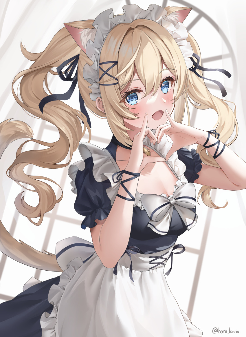 1girl absurdres alternate_costume animal_ear_fluff animal_ears apron barbara_(genshin_impact) bell black_ribbon blonde_hair blue_eyes blush bow breasts cat_ears cat_girl cat_tail cleavage drill_hair enmaided extra_ears frilled_apron frills genshin_impact hair_between_eyes hair_ribbon hairband hands_up harukix heart heart_hands highres long_hair maid maid_apron maid_headdress medium_breasts neck_bell open_mouth puffy_short_sleeves puffy_sleeves ribbon ringlets short_sleeves sidelocks smile solo tail twin_drills twitter_username white_apron white_bow white_hairband wrist_ribbon