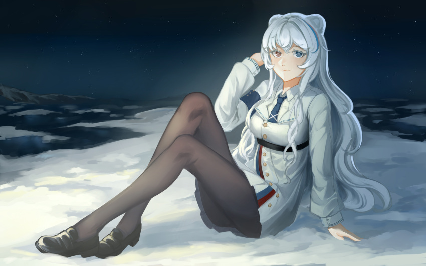 1girl absurdres animal_ears arknights bear_ears bear_girl black_footwear black_pantyhose blue_eyes blue_hair blue_necktie buttons collared_shirt commentary full_body heterochromia highres jacket knees_up konghao long_hair long_sleeves looking_at_viewer multicolored_hair necktie night night_sky outdoors pantyhose pink_hair red_eyes rosa_(arknights) shirt shoes sidelocks sitting sky smile snow solo streaked_hair thighs very_long_hair water wavy_hair white_hair white_jacket white_shirt