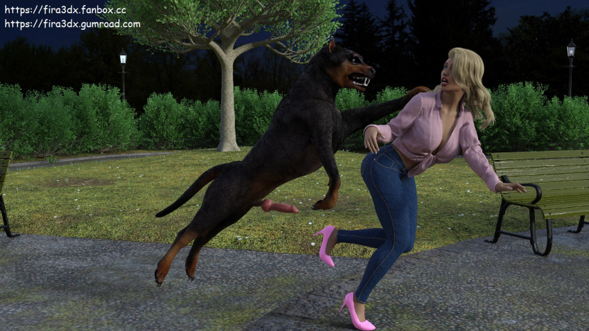 16:9 3d_(artwork) animal_genitalia animal_penis attack bestiality blonde_hair breasts canid canine canine_penis canis digital_media_(artwork) domestic_dog female feral fira3dx forced genitals hair hi_res human mammal penis rape scared widescreen