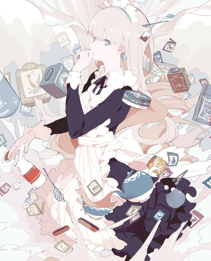 1girl apron bangs black_dress black_ribbon black_tea blonde_hair blue_eyes bottle box can covered_mouth covering_mouth cowboy_shot creamer_(vessel) creamer_packet cup dress earrings floating floating_object food frilled_apron frills from_side hand_over_own_mouth hand_up highres jar jewelry levitation long_hair long_sleeves looking_afar magic maid maid_apron maid_headdress milk milk_bottle n79oqc3yja6jlof neck_ribbon original pastry pouring ribbon saucer solo strainer sugar_bowl sugar_cube sugar_tongs tea tea_set teabag teacup teapot tongs very_long_hair white_apron