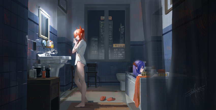 2girls absurdres animal_ears arknights bathing bathtub bird_ears blue_eyes blue_hair bottle building cabinet chair dated demon_horns faucet hair_between_eyes highres holding_cloth horns indoors looking_at_viewer medium_hair mirror mostima_(arknights) multiple_girls night night_sky panties red_eyes red_footwear red_hair shirt signature sink sky skyscraper slippers slippers_removed standing tile_wall tiles toilet towel underwear washing_face white_panties white_shirt xi_yuan_aw