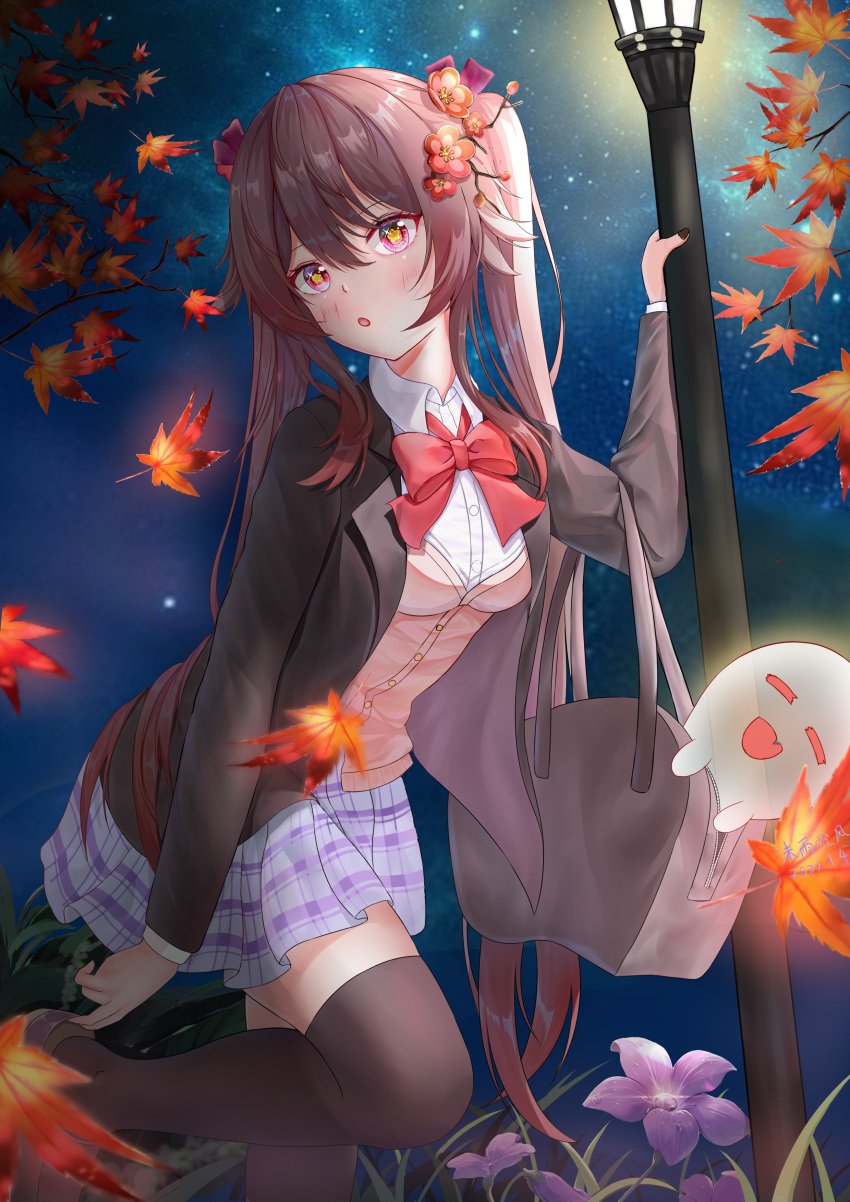 1girl :d absurdres adjusting_clothes adjusting_shoe alternate_costume arm_support autumn_leaves bangs blazer bow bowtie brown_hair collared_shirt commentary_request contemporary flower genshin_impact hair_between_eyes hair_flower hair_ornament highres hu_tao_(genshin_impact) jacket lamppost leaf long_hair long_sleeves maple_leaf muyuchengfengyh night night_sky plaid plaid_skirt pleated_skirt red_eyes school_uniform shirt sidelocks skirt sky smile solo standing standing_on_one_leg star_(sky) starry_sky symbol-shaped_pupils twintails zettai_ryouiki