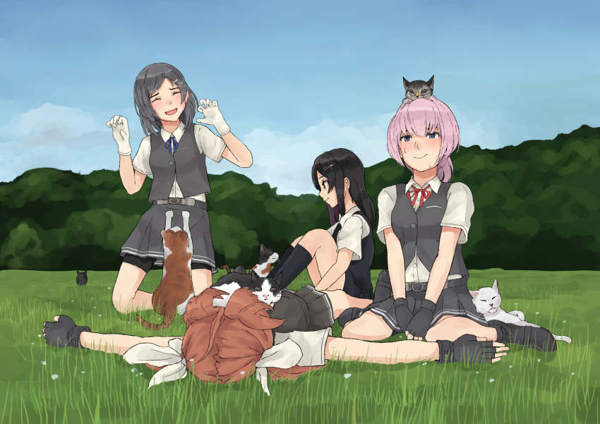 4girls animal_on_head bike_shorts black_gloves black_hair black_skirt black_vest blue_eyes blue_sky brown_hair cat cat_on_head closed_eyes cloud day dress_shirt fingerless_gloves gloves grass grey_skirt grey_vest hair_ornament hair_ribbon hairclip highres kagerou_(kancolle) kagerou_kai_ni_(kancolle) kantai_collection kuroshio_(kancolle) kuroshio_kai_ni_(kancolle) long_hair multiple_girls nakano_kiho neck_ribbon on_head outdoors oyashio_(kancolle) pink_hair pleated_skirt red_ribbon ribbon school_uniform shiranui_(kancolle) shiranui_kai_ni_(kancolle) shirt short_hair short_sleeves shorts shorts_under_skirt skirt sky too_many too_many_cats twintails vest white_gloves white_shirt