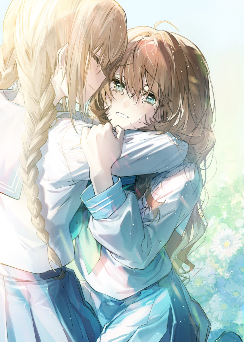 2girls absurdres bangs blonde_hair blue_skirt blush braid brown_hair copyright_request crying crying_with_eyes_open floral_background green_eyes green_necktie highres hug kneeling long_sleeves multiple_girls necktie parted_lips pleated_skirt sailor_collar school_uniform serafuku shirt skirt smile tears teeth twin_braids wattaro white_shirt