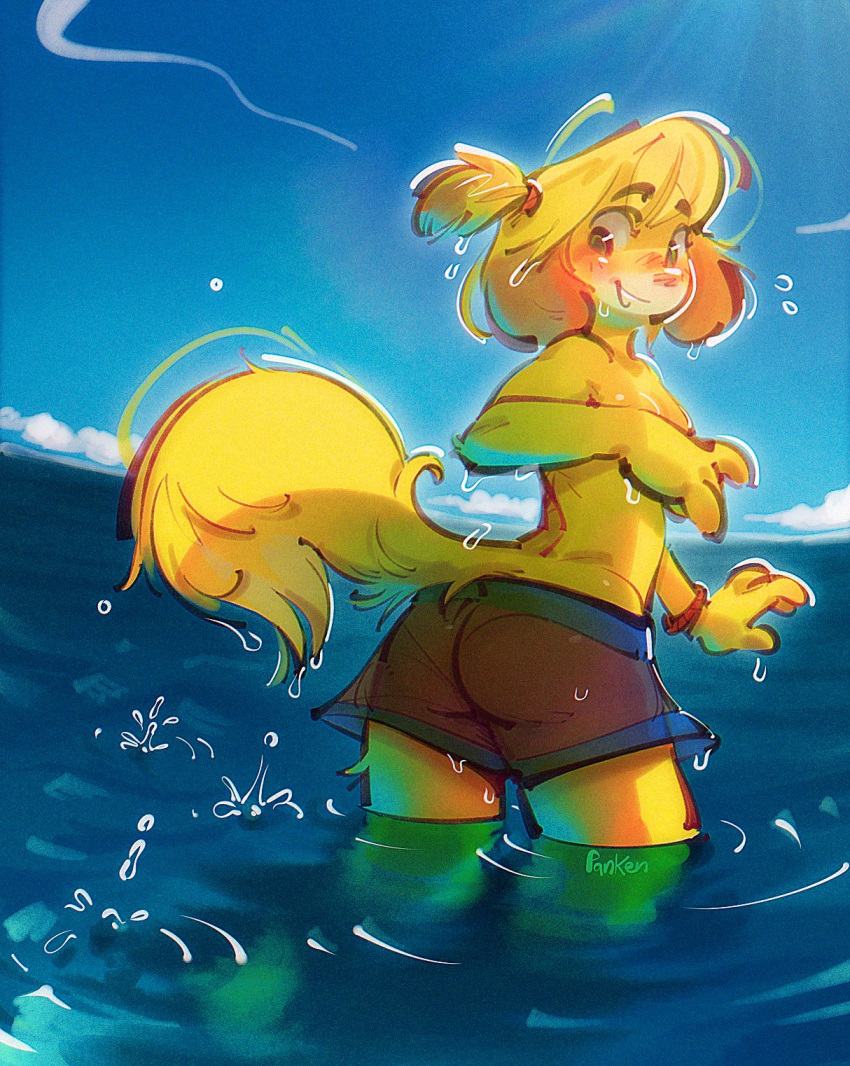 2022 animal_crossing anthro blush bracelet breasts butt canid canine canis clothed clothing cloud convenient_censorship day digital_media_(artwork) domestic_dog dripping female fur hi_res isabelle_(animal_crossing) jewelry looking_at_viewer looking_back male_swimwear_challenge mammal nintendo outside panken sea shih_tzu signature small_breasts solo sunny swimming_trunks swimwear topless toy_dog translucent translucent_clothing video_games water wet yellow_body yellow_fur