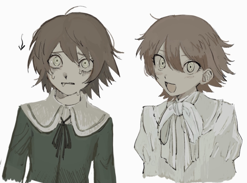 1boy :d alternate_costume bangs blush bow bowtie brown_hair cropped_torso danganronpa:_trigger_happy_havoc danganronpa_(series) fujisaki_chihiro green_jacket green_ribbon grey_background happy jacket multiple_views neck_ribbon open_mouth ribbon saliva sema_(vivaviva_02) short_hair simple_background smile tears white_bow white_bowtie