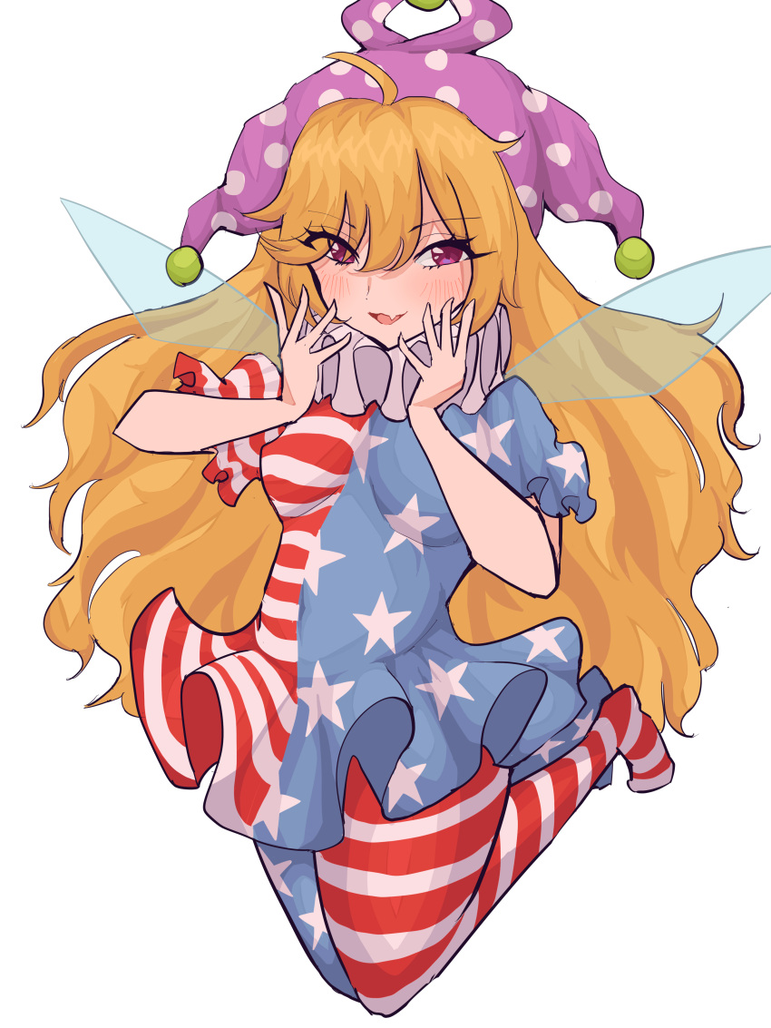 1girl absurdres ahoge alternate_hair_color american_flag_dress american_flag_pants bangs blush breasts clownpiece commentary_request dress eyes_visible_through_hair fairy_wings fang hair_between_eyes hands_up hat highres jester_cap jumping long_hair looking_to_the_side mugi_(mugimugi_9kv) neck_ruff no_shoes open_mouth orange_hair pants polka_dot purple_eyes purple_headwear short_sleeves simple_background small_breasts smile solo star_(symbol) star_print striped striped_dress striped_pants tongue touhou white_background wings