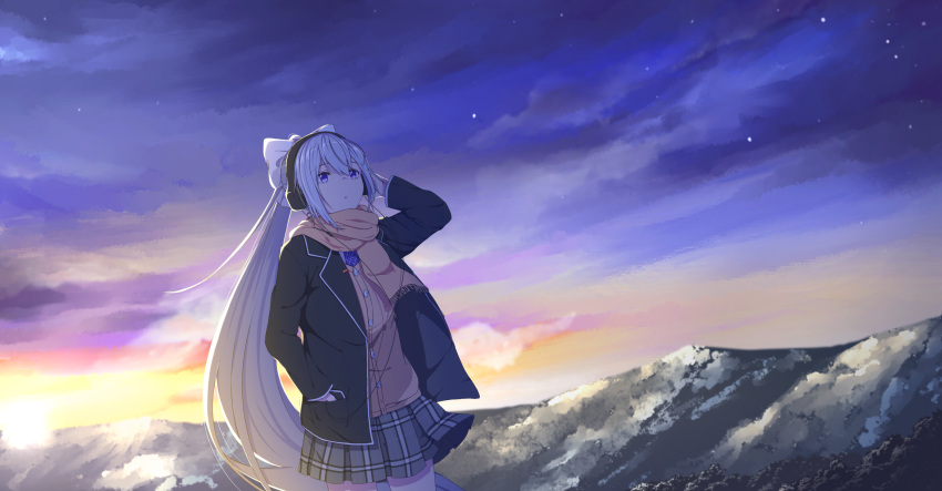 1girl absurdres bangs black_jacket blazer bow cardigan_vest closed_mouth doki_(oox3o) evening grey_hair grey_skirt hair_bow hand_in_pocket hand_on_headphones headphones highres higuchi_kaede jacket long_hair long_sleeves mole mole_under_eye mountain night night_sky nijisanji open_clothes open_jacket outdoors plaid plaid_skirt pleated_skirt ponytail purple_eyes school_uniform skirt sky solo standing star_(sky) very_long_hair virtual_youtuber white_bow