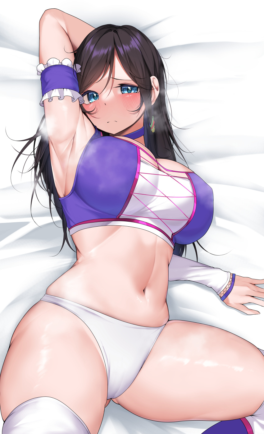 1girl absurdres arm_behind_head arm_garter armpits ass_visible_through_thighs bed_sheet black_hair blue_choker blue_eyes blush breasts choker closed_mouth commission dead_or_alive highres kokoro_(doa) kshimu large_breasts long_hair looking_at_viewer lying on_back skeb_commission solo steaming_body thick_thighs thighhighs thighs white_thighhighs