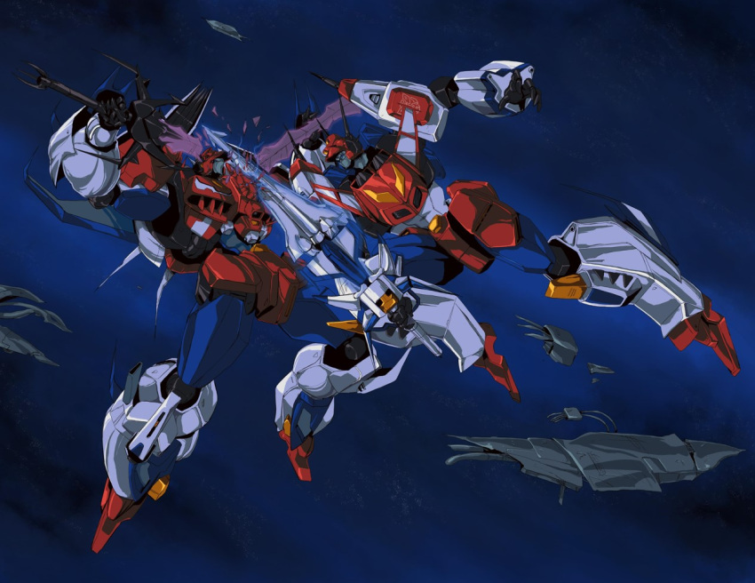 1980s_(style) autobot blue_eyes clenched_hand dual_persona english_commentary fighting hinomars19 holding holding_sword holding_weapon mecha retro_artstyle robot science_fiction space star_saber_(idw) star_saber_(transformers) sword the_transformers_(idw) transformers transformers_armada transformers_victory weapon