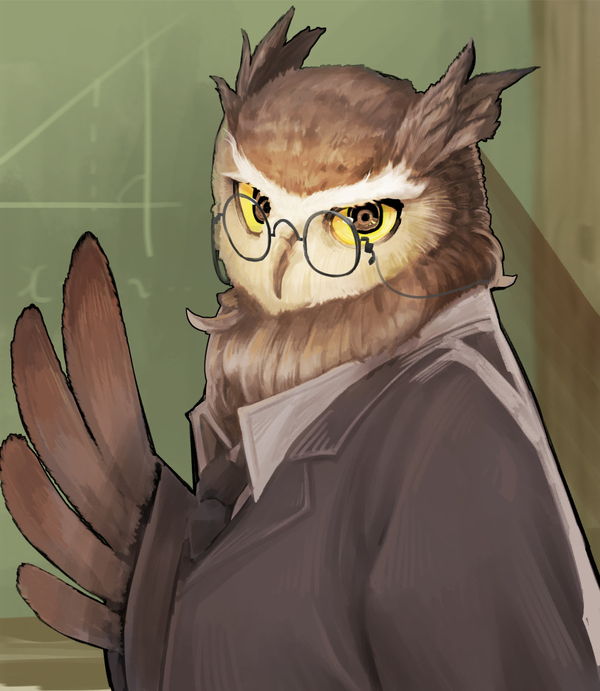 absurdres animal animal_focus bird black-framed_eyewear black_coat black_necktie brown_eyes brown_wings chalkboard clothed_animal coat collared_shirt colored_sclera commentary english_commentary feathered_wings from_side gilmang glasses hand_up highres indoors looking_at_viewer necktie no_humans original owl round_eyewear shirt solo standing teacher upper_body white_shirt wings yellow_sclera