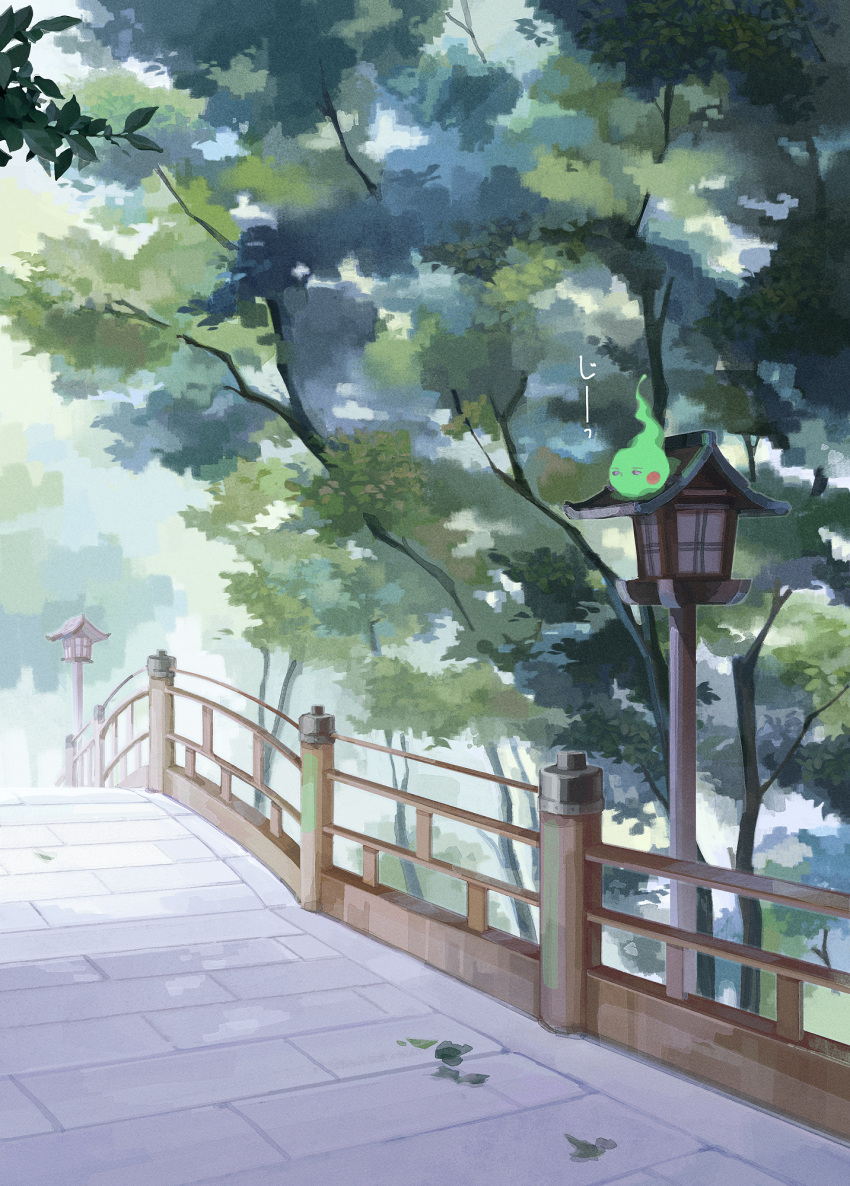 architecture blush_stickers bridge day east_asian_architecture ekubo_(mob_psycho_100) fire green_fire highres hiromi_(hrmkn) hitodama lantern leaf mob_psycho_100 no_humans outdoors railing running_bond solo tree