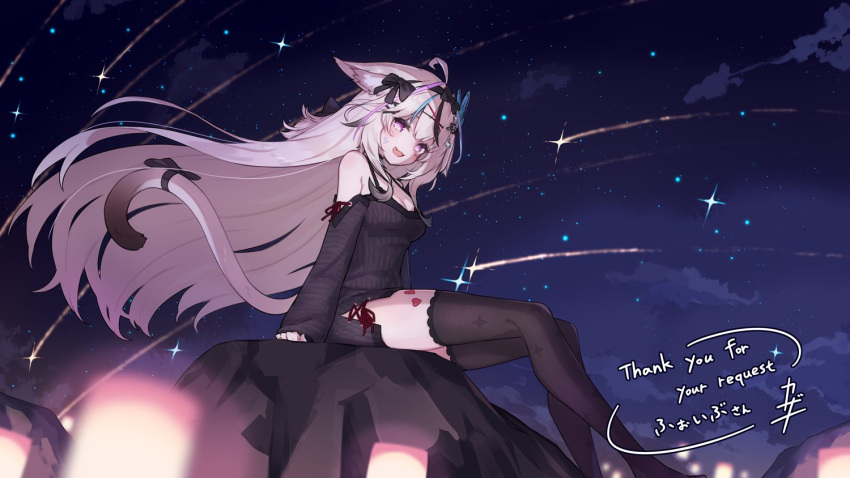 1girl :d animal_ears black_hair black_thighhighs breasts cat_ears cat_girl cat_tail commission fang kazana_(sakuto) long_hair looking_at_viewer multicolored_hair night off-shoulder_sweater off_shoulder shooting_star sitting skeb_commission skin_fang sky smile star_(sky) starry_sky sweater tail thighhighs two-tone_hair very_long_hair vrchat white_hair