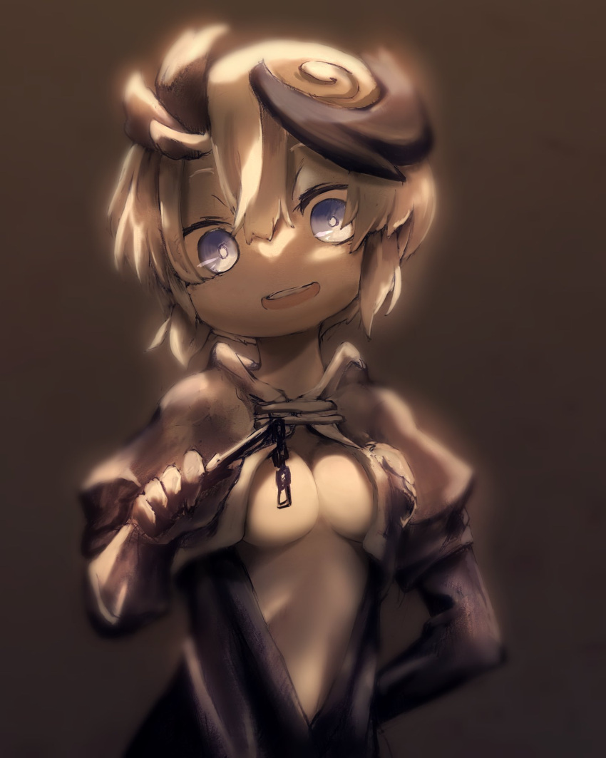 1girl arm_behind_back bangs black_hair blonde_hair blue_eyes breasts brown_background center_opening chain cleavage curly_hair elbow_gloves gloves hand_up highres holding jacket looking_at_viewer made_in_abyss marudoll medium_breasts multicolored_hair open_clothes open_jacket open_mouth puffy_short_sleeves puffy_sleeves short_hair short_sleeves sidelocks simple_background smile solo streaked_hair teeth tepaste upper_body upper_teeth