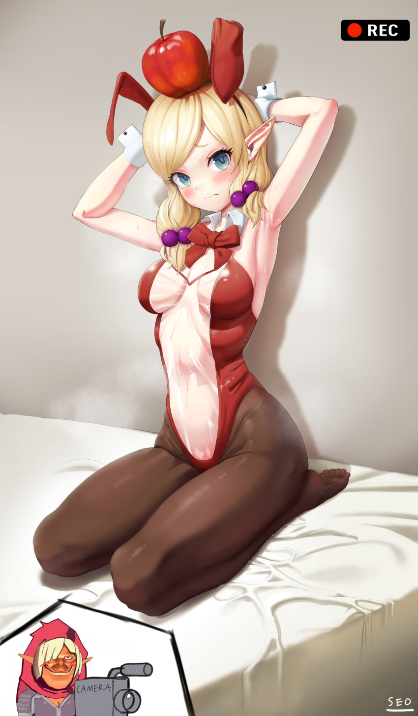 1girl animal_ears apple apple_on_head armpits artist_name bed blonde_hair blush breasts covered_navel cuffs executive_red_hood_arabelle fake_animal_ears food fruit guardian_tales highres indoors looking_at_viewer medium_breasts medium_hair playboy_bunny pointy_ears rabbit_ears red_hood_elvira see-through seiza seo_(tqhgud016) sitting sleeveless solo steaming_body sweat tears wrist_cuffs