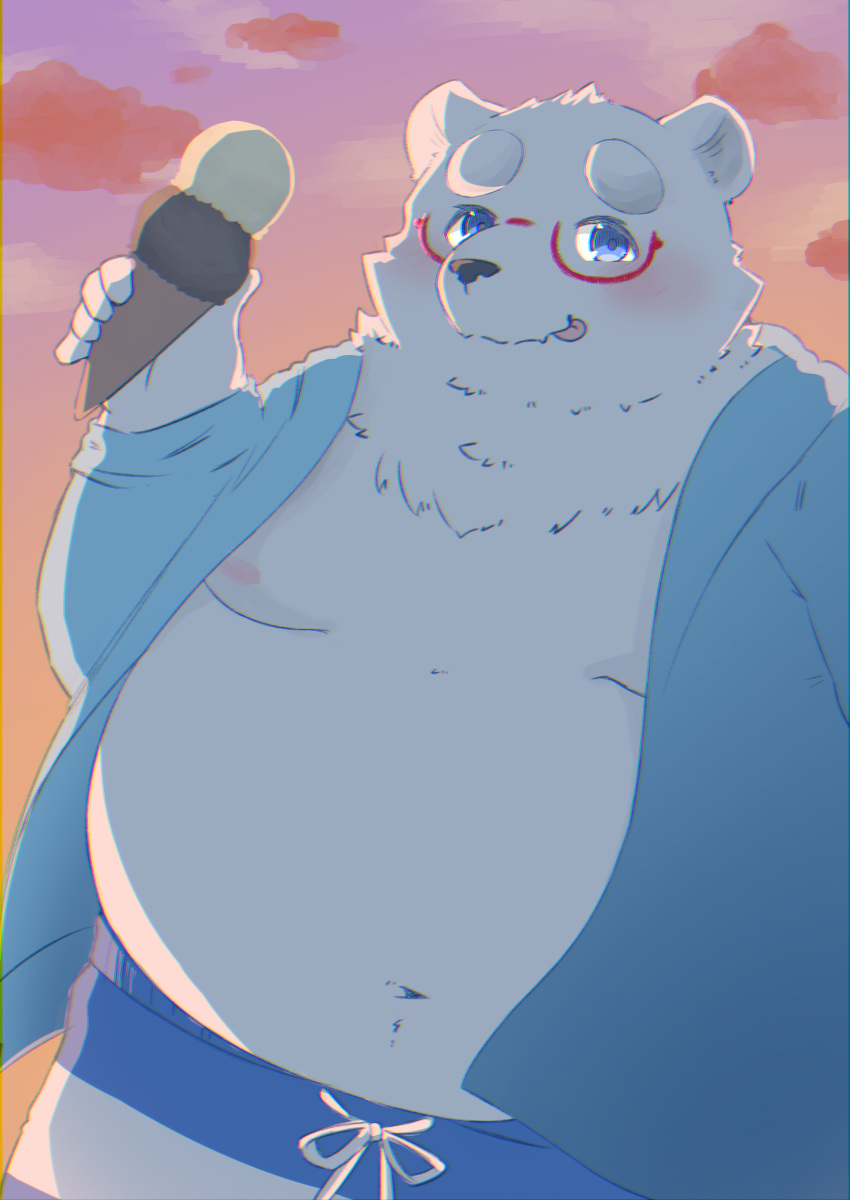 2022 absurd_res anthro ayata belly big_belly black_nose blush bottomwear clothed clothing cloud dessert eyewear food glasses hi_res ice_cream kemono male mammal moobs navel nipples open_clothing open_shirt open_topwear outside overweight overweight_male polar_bear shirt shorts solo tongue tongue_out topwear ursid ursine white_body