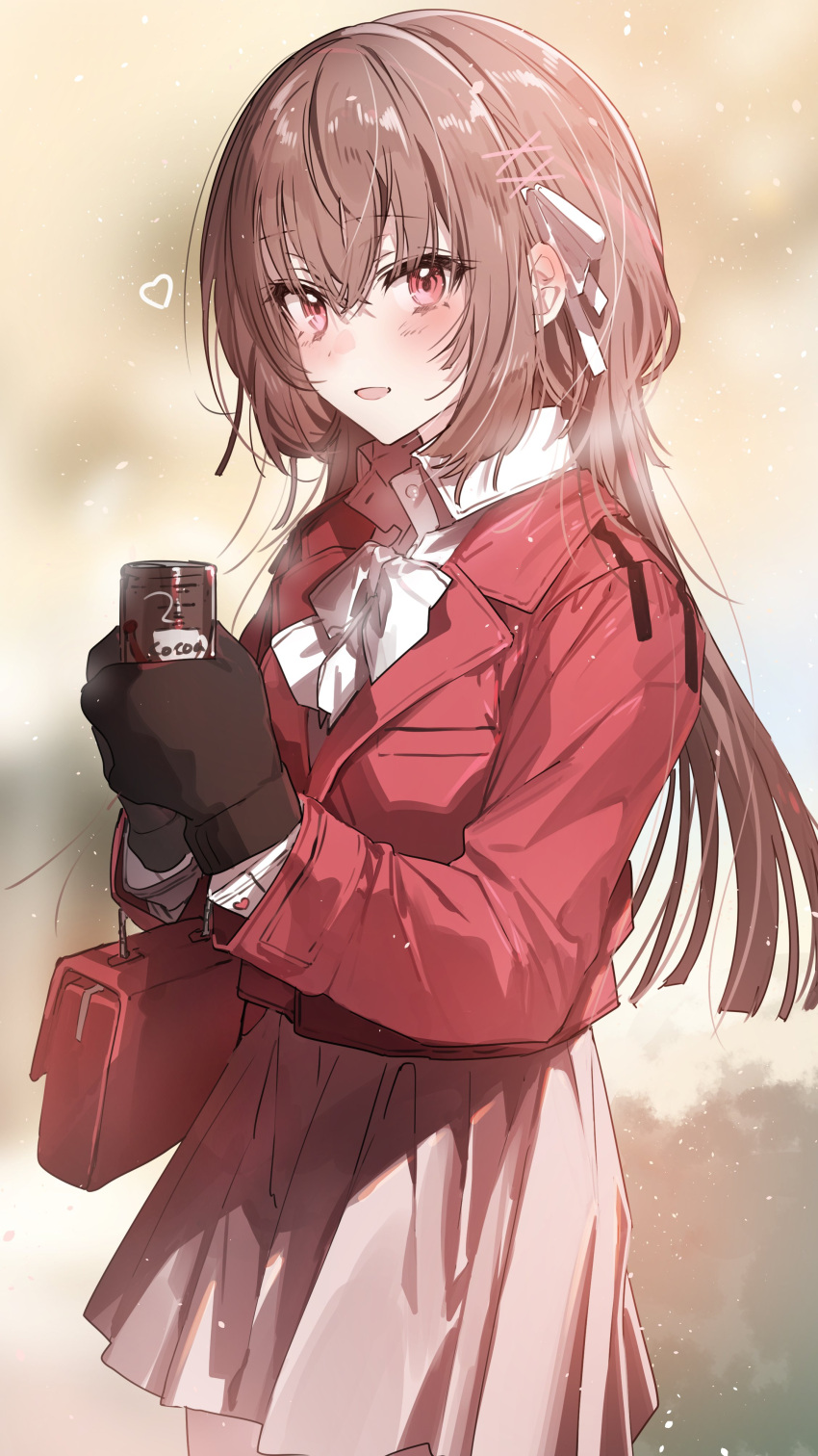 1girl absurdres bangs black_gloves blush bow bowtie brown_hair can collared_shirt dress_shirt gloves grey_skirt hair_between_eyes hair_ornament hair_ribbon hairclip heart highres holding holding_can hot_chocolate jacket long_hair looking_at_viewer original parted_lips pleated_skirt red_bag red_eyes red_jacket ribbon shirt skirt smile solo wattaro white_bow white_bowtie white_ribbon white_shirt