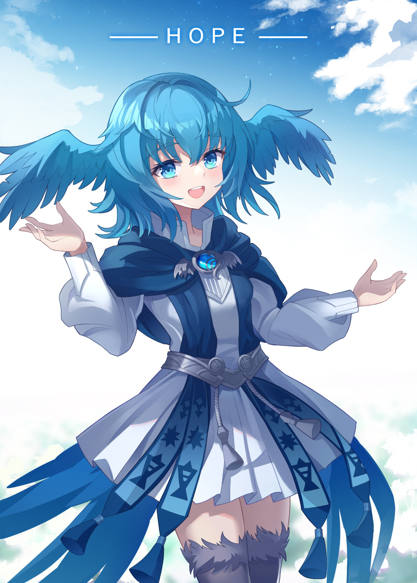 1girl :d absurdres bird_wings black_thighhighs blue_eyes blue_hair blue_sky brooch cloud day dress english_commentary feathered_wings final_fantasy final_fantasy_xiv hand_up head_wings highres jewelry long_sleeves looking_at_viewer lyrae medium_hair meteion outdoors puffy_long_sleeves puffy_sleeves sky smile solo standing thighhighs wings