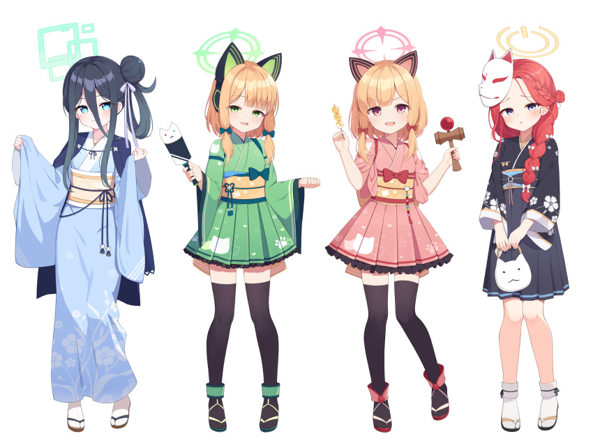 4girls :d :o animal_bag arisu_(blue_archive) bag banned_artist black_footwear black_hair black_kimono black_skirt blonde_hair blue_archive blue_eyes blue_kimono blush braid brown_footwear closed_mouth commentary_request cp00 food fox_mask frilled_skirt frills green_eyes green_footwear green_kimono green_skirt hair_bun hair_over_shoulder hair_rings halo highres holding holding_bag holding_food japanese_clothes kendama kimono long_hair long_sleeves looking_at_viewer mask mask_on_head midori_(blue_archive) momoi_(blue_archive) multiple_girls obi parted_lips pinching_sleeves pink_kimono pink_skirt pleated_skirt purple_eyes red_eyes red_footwear red_hair sash siblings sidelocks simple_background single_braid single_side_bun sisters skirt sleeves_past_wrists smile socks standing tabi tasuki thighhighs twins v-shaped_eyebrows very_long_hair white_background wide_sleeves yuzu_(blue_archive) zouri