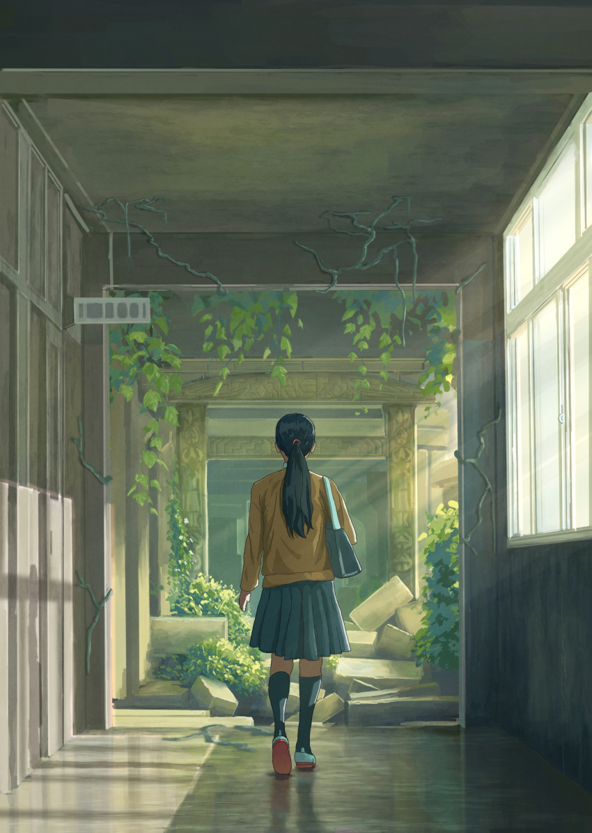 1girl absurdres bag black_hair facing_away from_behind grey_skirt highres indoors kake_(kakelele) kneehighs light_rays long_hair long_sleeves original overgrown plant pleated_skirt ponytail reflection scenery school school_uniform shoes shoulder_bag sign skirt socks solo sunbeam sunlight vines walking walking_away window