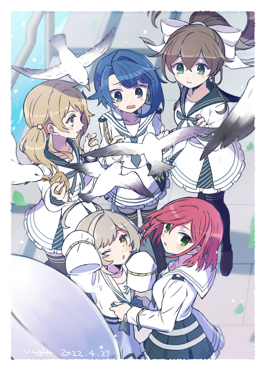 5girls :o absurdres adjusting_another's_clothes adjusting_bowtie ahoge aiguillette aizawa_kazuha animal aqua_eyes arm_up artist_name assault_lily asymmetrical_hair bangs bird black_thighhighs blonde_hair blue_bow blue_bowtie blue_eyes blue_hair blue_necktie blue_ribbon blue_sailor_collar blue_skirt blunt_bangs blurry blush border bow bowtie bread brown_footwear brown_hair buttons collarbone crossed_bangs crumbs dated day depth_of_field epaulettes falling_leaves feeding fingernails floating_hair food frilled_skirt frills from_above green_eyes grey_eyes grey_hair hair_between_eyes hair_bow hair_ornament hairclip hand_up hands_up hat hat_loss hatsukano_you highres holding holding_food iijima_renka jewelry leaf light_particles loafers long_hair long_sleeves looking_at_animal looking_at_another looking_at_viewer looking_up low_ponytail medium_hair miniskirt multicolored_hair multiple_girls nagi_(namae11x) neck_ribbon necktie no_pupils official_alternate_costume open_mouth outdoors parted_lips pleated_skirt profile railing red_hair ribbon ring sailor_collar sailor_shirt sasaki_ran seagull serizawa_chikaru shadow shirt shoes side_ponytail skirt sleeves_past_fingers sleeves_past_wrists smile standing star_(symbol) star_hair_ornament streaked_hair sweatdrop swept_bangs thighhighs water white_border white_bow white_headwear white_sailor_collar white_shirt white_skirt wind wind_lift yellow_eyes zettai_ryouiki