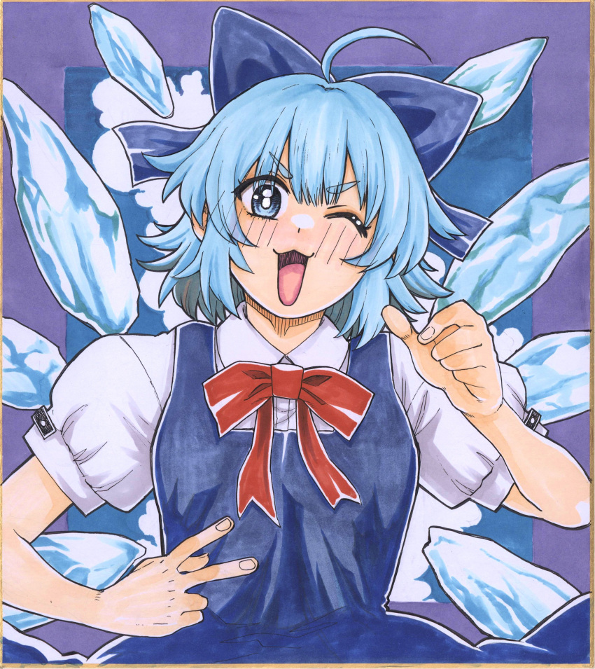 1girl ;3 absurdres ahoge blue_background blue_bow blue_dress blue_eyes blue_hair blush bow bright_pupils cirno collared_shirt detached_wings dress hair_bow highres looking_at_viewer matsuri_kyuuta one_eye_closed open_mouth pinafore_dress pointing pointing_at_self puffy_short_sleeves puffy_sleeves purple_background red_bow shirt short_sleeves sleeveless sleeveless_dress solo touhou two-tone_background upper_body v v-shaped_eyebrows white_pupils white_shirt wings