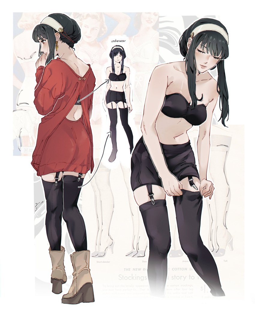 1girl ankle_boots black_bra black_garter_straps black_hair black_skirt black_thighhighs boots bra breasts brown_footwear english_commentary garter_straps hair_bun hairband highres large_breasts leaning_forward long_hair multiple_views navel pencil_skirt pudelmudel putting_on_legwear red_eyes red_sweater sidelocks skirt spy_x_family sweater thighhighs thighhighs_pull underwear white_hairband yor_briar