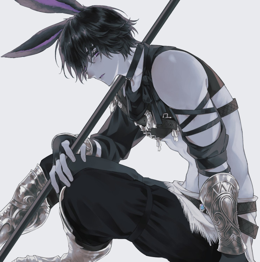 1boy 42sai abs animal_ears arm_strap black_choker black_hair black_pants character_request choker cropped_shirt feet_out_of_frame final_fantasy final_fantasy_xiv from_side gauntlets hair_over_one_eye hashtag-only_commentary head_tilt highres holding holding_polearm holding_weapon leaning_forward looking_at_viewer male_focus over_shoulder pants parted_lips polearm purple_eyes rabbit_boy rabbit_ears short_hair simple_background single_bare_shoulder sitting solo toned toned_male weapon weapon_over_shoulder