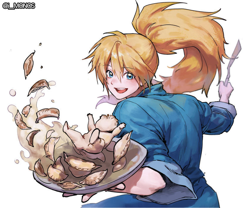 1girl blue_eyes blue_shirt cooking dorohedoro dumpling food hair_between_eyes highres holding holding_plate holding_spatula i_monos jiaozi light_brown_hair long_hair looking_at_viewer nikaidou_(dorohedoro) open_mouth orange_hair plate ponytail shirt sleeves_rolled_up smile solo spatula twitter_username upper_body white_background wide_ponytail