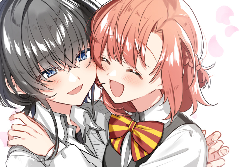 2girls asanagi_yori black_hair black_sweater_vest blush braid cheek-to-cheek closed_eyes collared_shirt commentary_request falling_petals french_braid hand_on_another's_back hand_on_another's_shoulder heads_together highres kino_himari long_hair medium_hair multiple_girls open_mouth orange_hair petals sasayaku_you_ni_koi_wo_utau shirt simple_background smile sweater_vest upper_body white_background white_shirt yuama_(drop) yuri