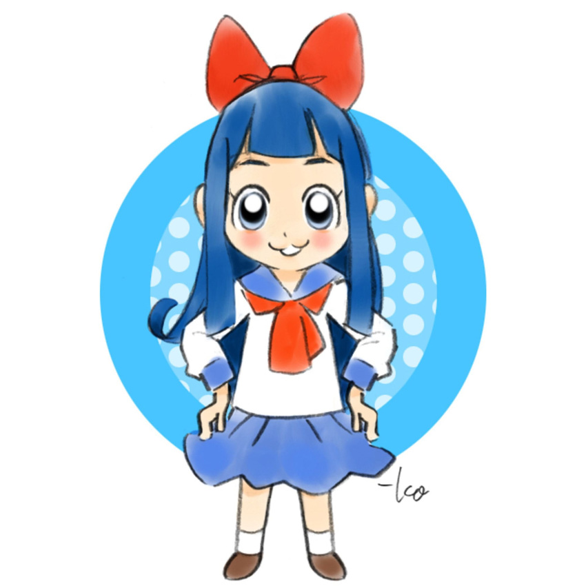 1girl :3 blue_eyes blue_hair blue_sailor_collar blue_skirt bow brown_footwear commentary full_body hair_bow highres light_blush long_hair looking_at_viewer neckerchief open_mouth pipimi poptepipic red_bow red_neckerchief sailor_collar school_uniform serafuku shirt shoes sidelocks signature skirt socks standing takeuchi_kou white_shirt white_socks