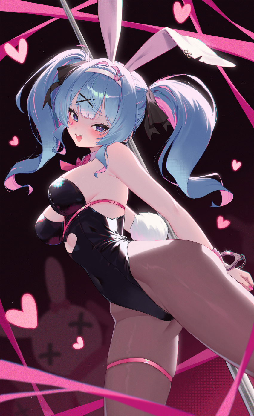 1girl absurdres animal_ears arms_behind_back bare_shoulders black_leotard blue_eyes blue_hair blush bound bound_wrists bow bowtie breasts commentary cowboy_shot cuffs hair_between_eyes hair_ornament hair_ribbon hairband handcuffs hatsune_miku heart highres leotard long_hair looking_at_viewer medium_breasts open_mouth pantyhose playboy_bunny pole pole_dancing rabbit_hole_(vocaloid) ribbon seoki_(hi3031) solo standing strapless strapless_leotard stripper_pole symbol-only_commentary vocaloid