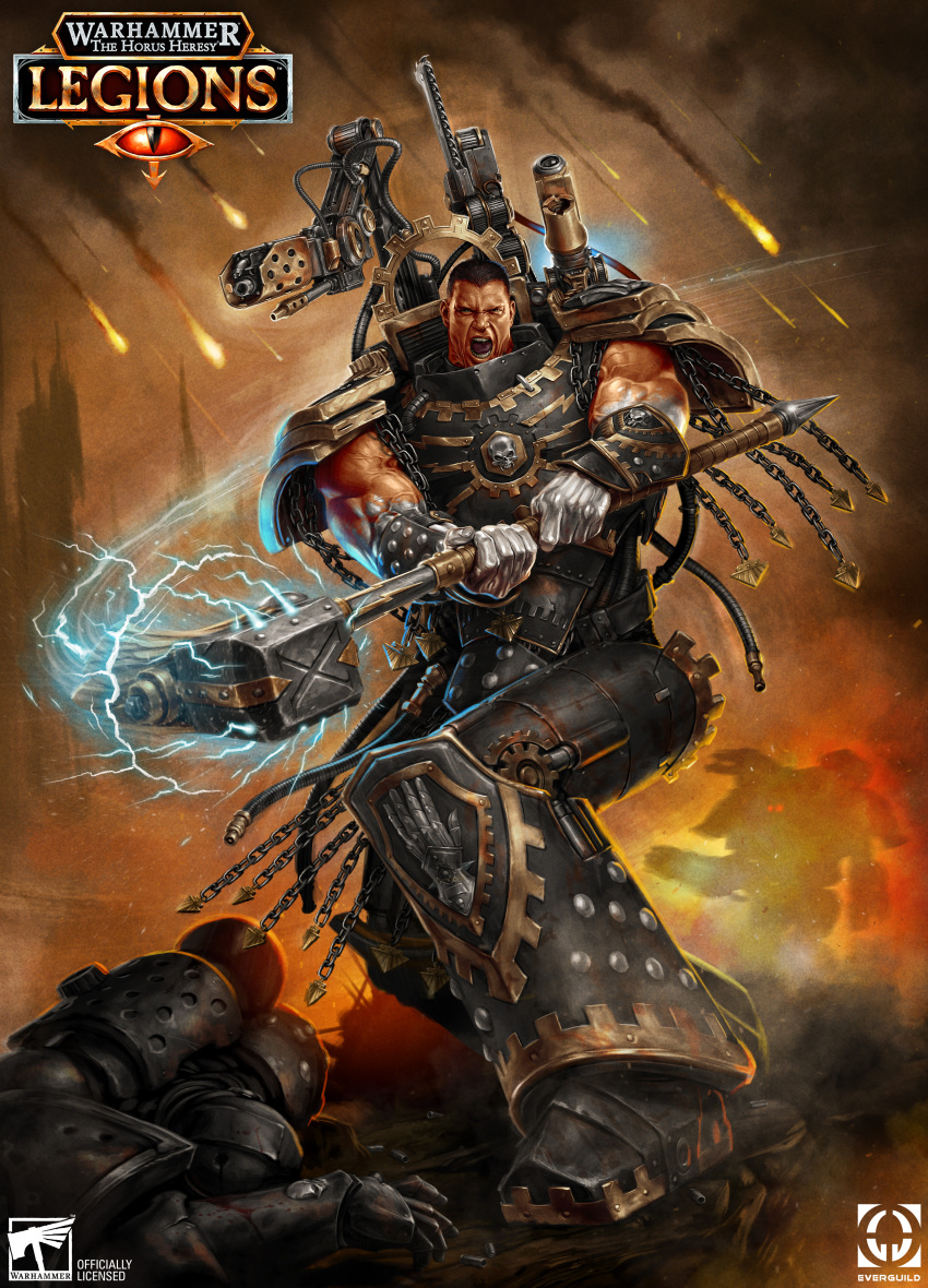 1other 2boys absurdres ambiguous_gender armor armored_boots boots breastplate commentary couter crotch_plate cuirass english_commentary extra_arms ferrus_manus forgebreaker full_body gauntlets greaves grey_armor hammer highres holding holding_weapon iron_hands_(warhammer) israel_llona leg_armor male_focus mechanical_arms medusan_carapace metal_skin meteor multiple_boys official_art pauldrons poleyn power_armor primarch rerebrace shoulder_armor solo_focus studded_armor titan_(warhammer_40k) warhammer_40k weapon