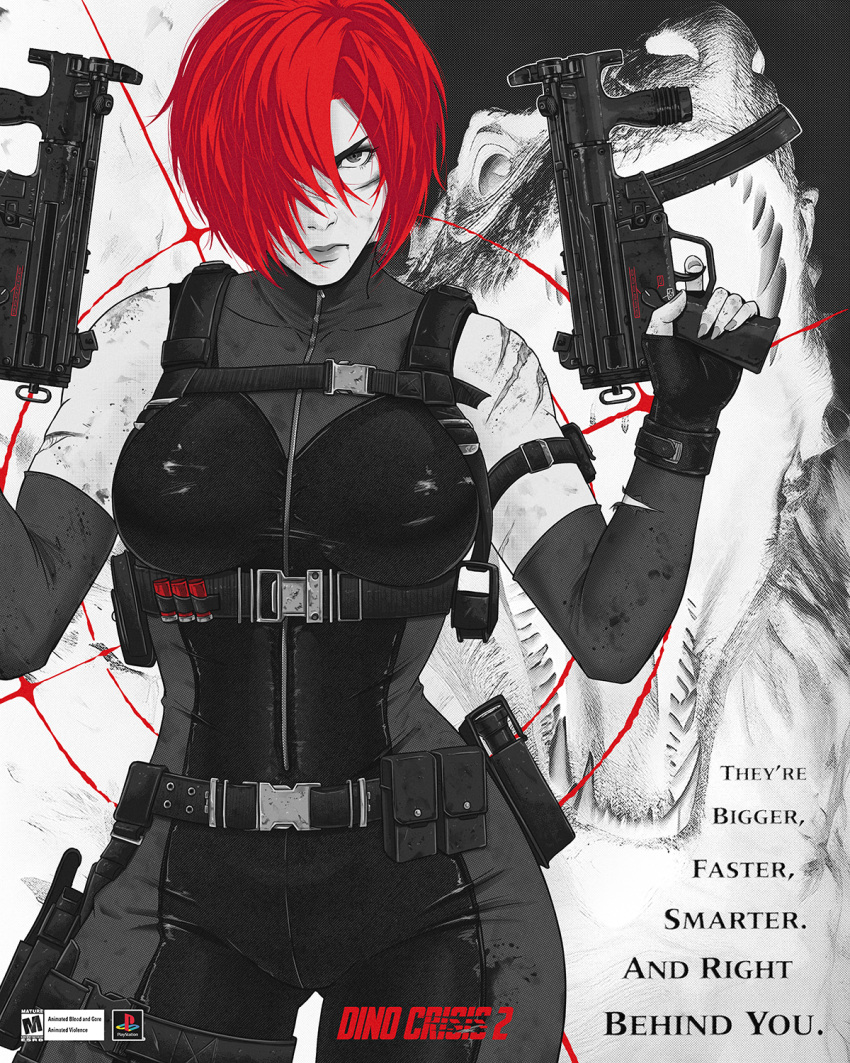 1girl ad arm_strap bodysuit crosshair dino_crisis dinosaur dual_wielding elbow_gloves fake_ad gloves gun h&amp;k_mp5k hair_over_one_eye harness highres holding holster jhony_caballero lips monochrome red_hair regina_(dino_crisis) scar serious short_hair spandex submachine_gun torn_clothes turtleneck turtleneck_bodysuit weapon