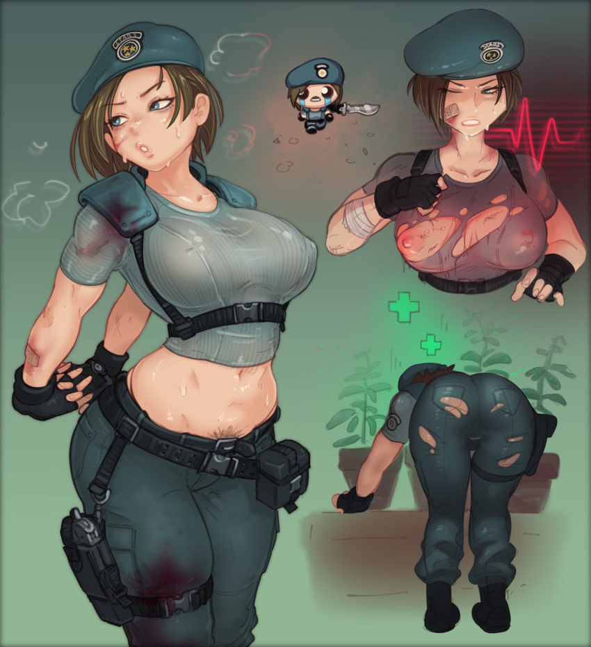 1girl arms_behind_back ass bent_over beret blood blood_stain breasts brown_hair combat_knife covered_nipples crop_top female_pubic_hair fingerless_gloves gloves hat herb highres holster jill_valentine justrube knife large_breasts nipples one_breast_out pants parody pubic_hair pubic_hair_peek resident_evil resident_evil_1 s.t.a.r.s._uniform short_hair stretching style_parody tears the_binding_of_isaac thigh_holster torn_clothes torn_pants weapon