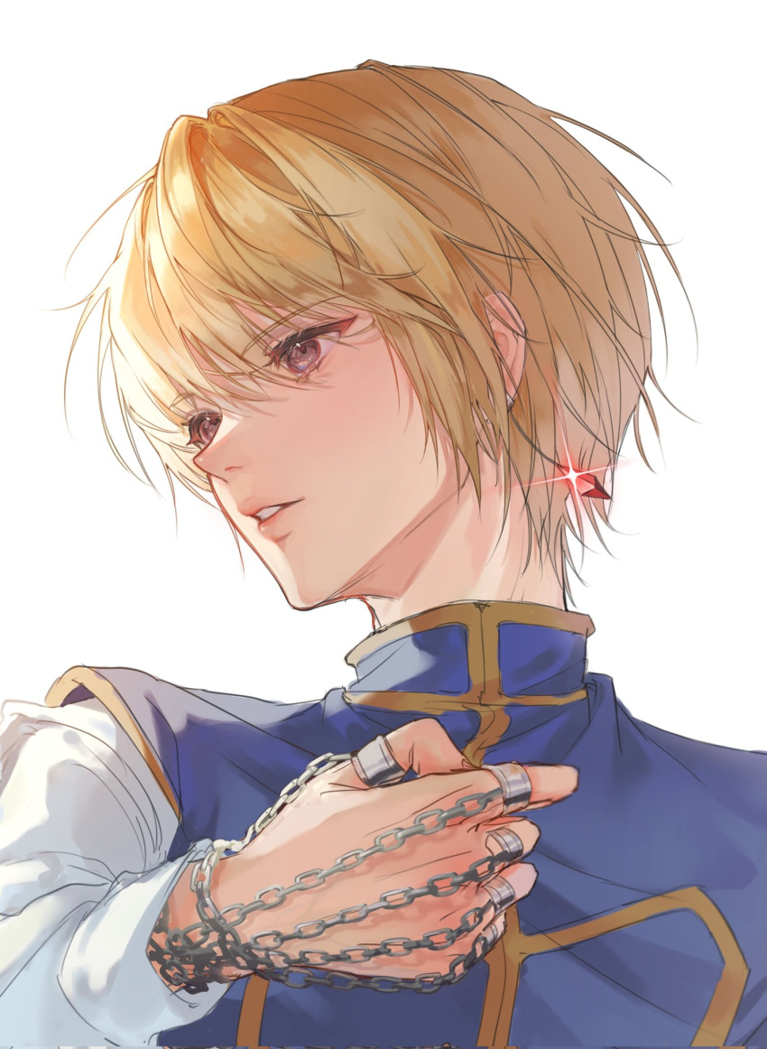 1boy blonde_hair blue_tabard chain earrings hair_between_eyes highres hunter_x_hunter jewelry kurapika long_sleeves male_focus multiple_rings portrait ring short_hair solo straight_hair tabard tolbak_2